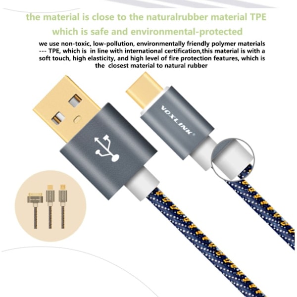 Högkvalité VOXLINK Micro-USB SnabbladdningsKabel 200cm Blå