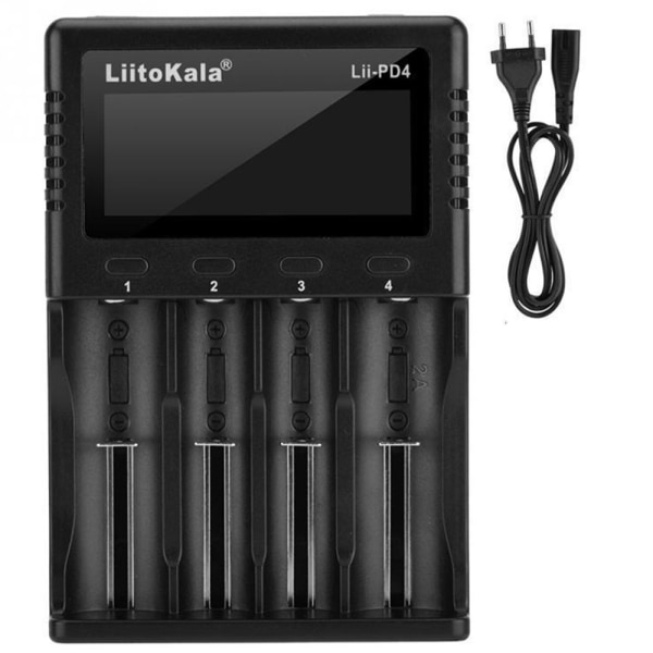 LiitoKala Lii-PD4 18650 26650 4-slot batteri Hurtig opladning Svart