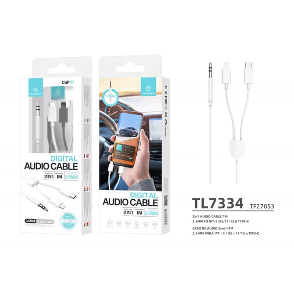 Högkvalitativ Ljudöverföring - Lightning/Typ-C/ 3.5mm Audio Kabel Adapter, 1M Vit