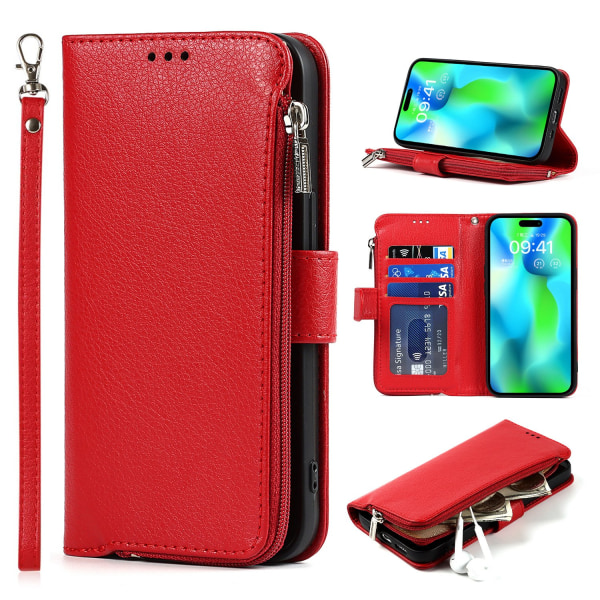 iPhone 15 Pro - Plånboksfodral i mikrofiberläder med dragkedja Red