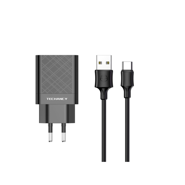 Techancy/Snabbladdare/USB Typ C/2.4A/Dubbla Portar/1M Svart