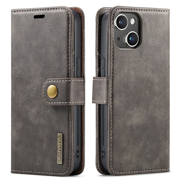 iPhone 14 - Retro Läderfodral med Magnetisk Design Grå