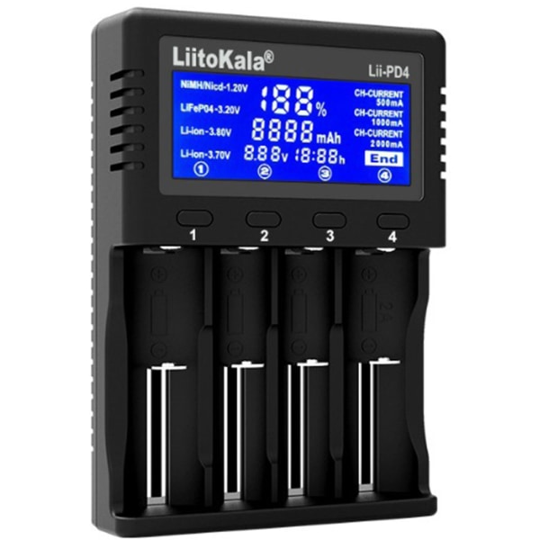 LiitoKala Lii-PD4 18650 26650 4-slot Batteri Snabbladdning Svart