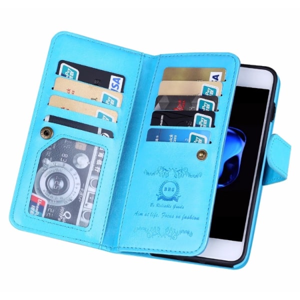 Käytännöllinen tyylikäs 9-kortin lompakkokotelo iPhone 8 PLUS:lle Turkos