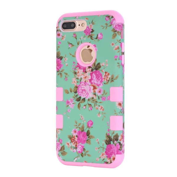 iPhone 8 Plus - Elegant Flerdelat Skyddsskal med Blommönster Blå