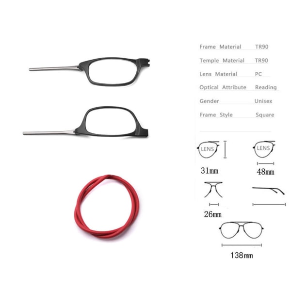 Magneettiset lukulasit joustavalla silmälasinarulla Svart / Röd +2.75