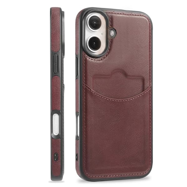 Elegant Leman skydd med kortfack iPhone 16 Mörkbrun