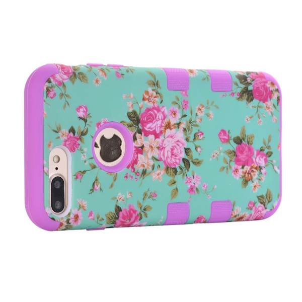 iPhone 8 Plus - Elegant Flerdelat Skyddsskal med Blommönster Blå