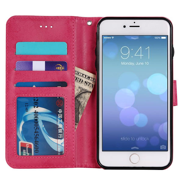 iPhone 7Plus - Silk-Touch Etui med Lommebok og Deksel Rosa