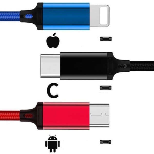 3 in 1 monitoiminen pikalataus Micro-USB/Lightning/Type-C Flerfärgad