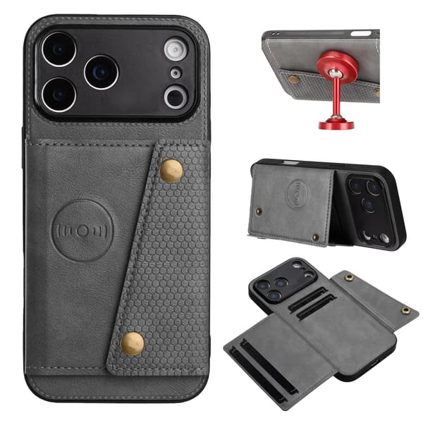 iPhone 17 Pro Retro Skal med Kortfack & Knappstängning Ljusbrun