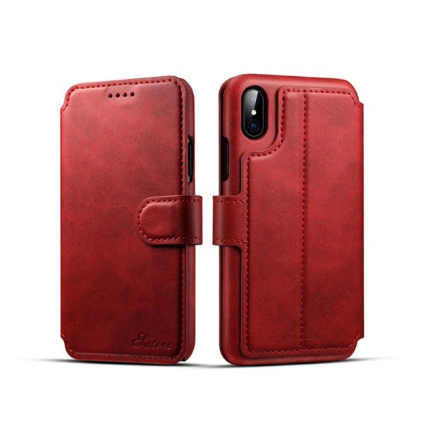 SUTENI - Skinnveske med lommebok til iPhone X/XS Röd