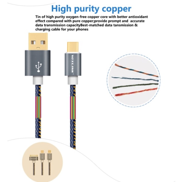 Högkvalité VOXLINK Micro-USB SnabbladdningsKabel 200cm Blå