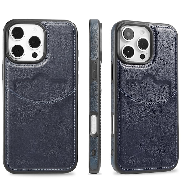 iPhone 16 Pro Max - Slimmat Kortfacksskal i Läder Blå