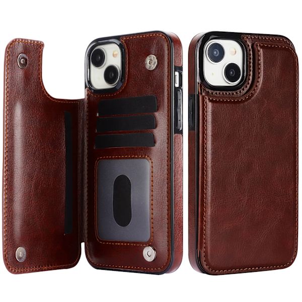 Iphone 15 - Läder Fodral med 3-kortfack Brun