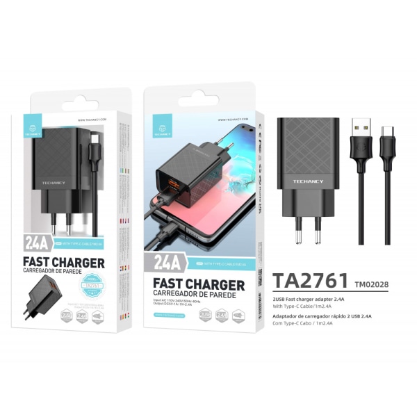 Techancy/Snabbladdare/USB Typ C/2.4A/Dubbla Portar/1M Black