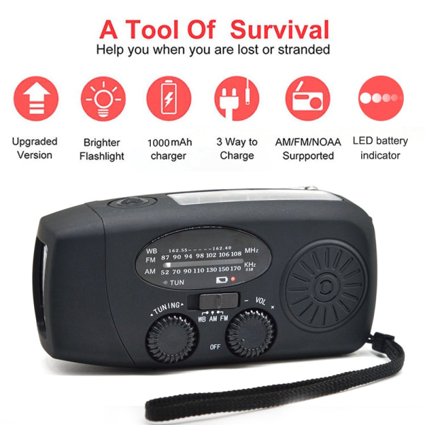 Vevradio / Nödradio Hög Kvalitet Solcell Ficklampa Powerbank Röd