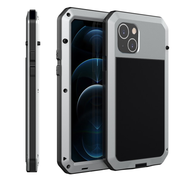 Integreret 360-beskyttelsescover i aluminium HEAVY DUTY - iPhone 14 Silver