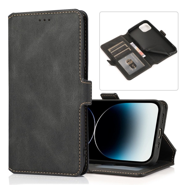 iPhone 15 Plus - Elegant Flip Wallet Skinnfodral Black