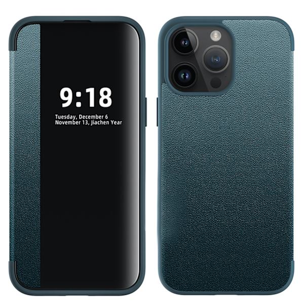 iPhone 15 Pro - PU-läderfodral med fönster och SIM-hållare Grön