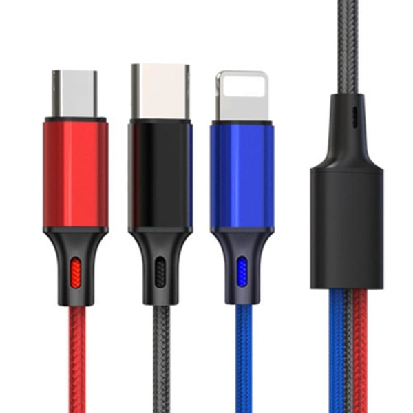 3 in 1 monitoiminen pikalataus Micro-USB/Lightning/Type-C Flerfärgad