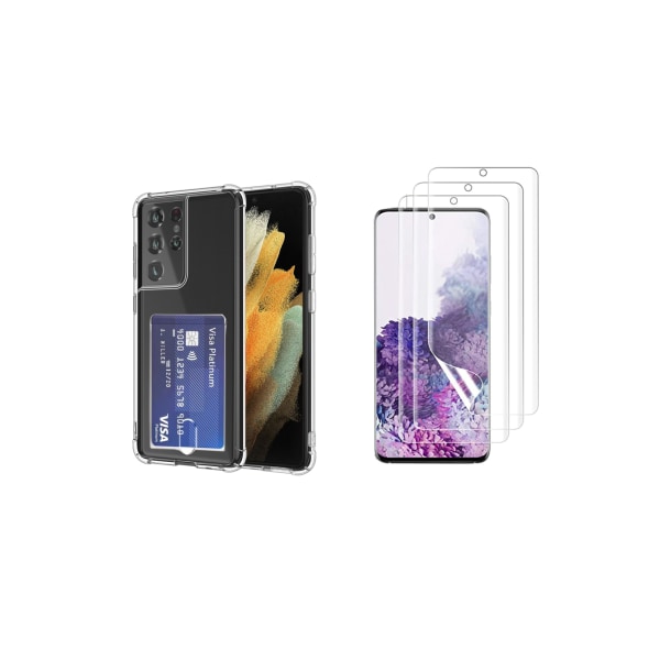 Skal med Korthållare & Mjukt Skärmskydd Samsung Galaxy S21 Ultra Transparent