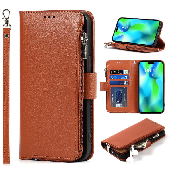 iPhone 15 Pro - Plånboksfodral i mikrofiberläder med dragkedja Brown