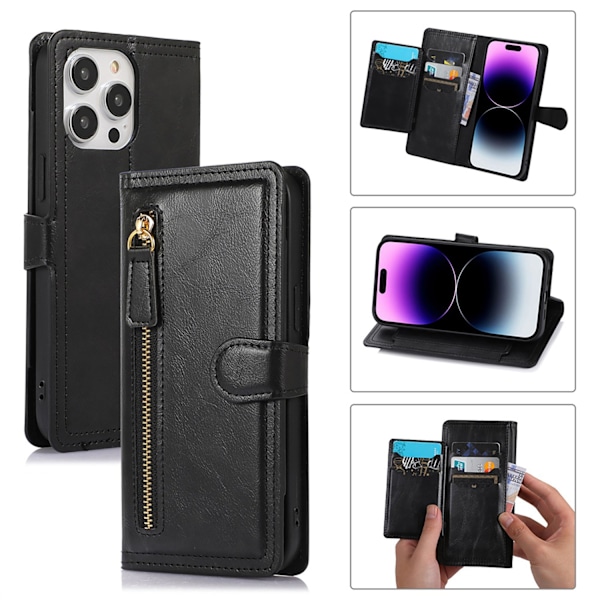 iPhone 15 Pro - Elegant PU-läderfodral med Multifunktionell Design Svart