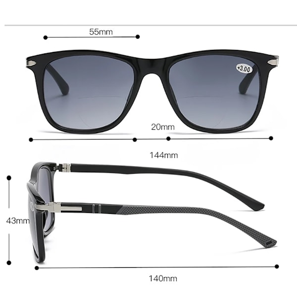 Bifokala Solglasögon UV-Skydd för Män & Kvinnor - Fyrkantig Design Black +3.5