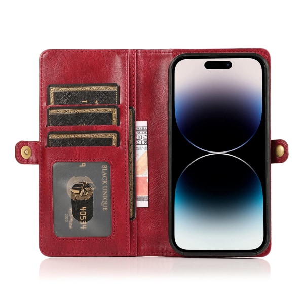 iPhone 15 Pro - Elegant Plånboksfodral i Lyxigt Läder med Korthållare Red