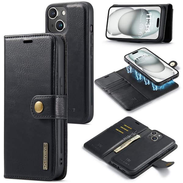 iPhone 14 - Retro Läderfodral med Magnetisk Design Svart