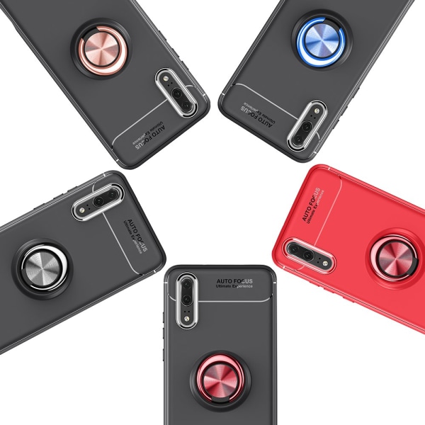 Huawei P20 - Praktiskt Skyddande Skal med Ringhållare Svart/Röd