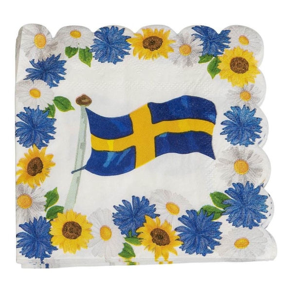 Pappersservett Sverigeflagga / Blommor 33x33cm 16-pack Blå