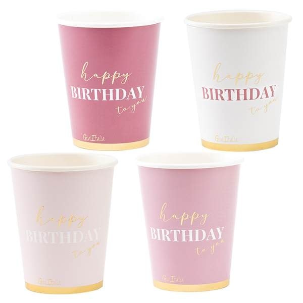 Pappersmugg "Happy birthday to you" Rosa / Vit / Guld 4st olika motiv 250ml 8-pack Rosa