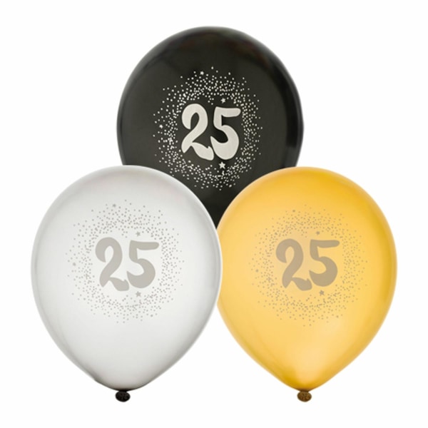 Ballong 12" 25års födelsedag siffra Vit/Guld/Svart 6-pack Flerfärgad