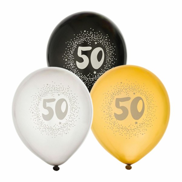 Ballong 12" 50års födelsedag siffra Vit/Guld/svart 6-pack Flerfärgad