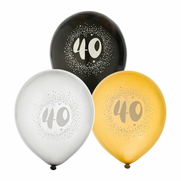 Ballong 12" 40års födelsedag siffra Vit/Guld/svart 6-pack Flerfärgad