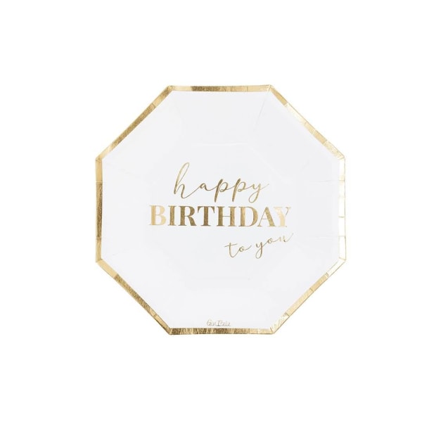 Papperstallrik "Happy birthday to you" Vit / Guld 19cm 8-pack Rosa