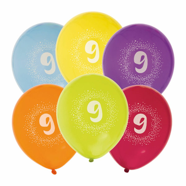 Ballong 12" 9års födelsedag siffra Flerfärgad 6-pack Flerfärgad