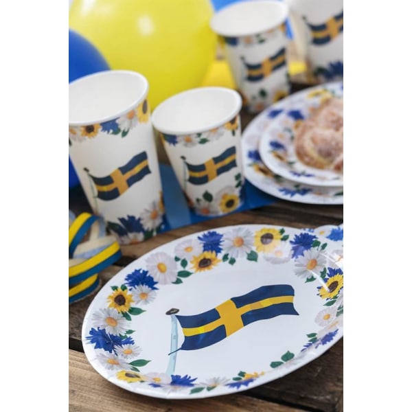 Papperstallrik Sverigeflagga / Blommor 23cm 8-pack Blå