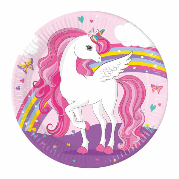 Papperstallrik Unicorn Regnbåge 23cm 8-pack Rosa