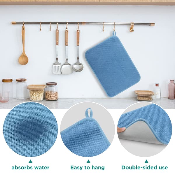 Mikrofiber opvaskemåtte, superabsorberende køkkenopvaskemåtte, vendbar til bordplade, 12*16 tommer blå