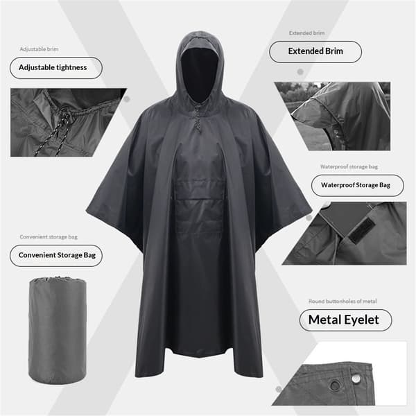 Regnponcho med hætte, regnfrakke til vandreture, camping, nødsituationer (sort)