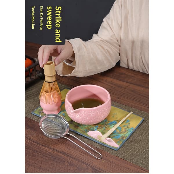 7 stk. Matcha Piskeris Sæt - Matcha Sæt inkluderer Matcha Piskeris og Skål med Tud, Si (Lyserøde Blomster)