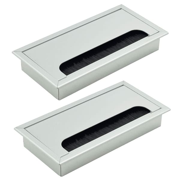 Rektangulär kabelgenomföring i metall för datorbord, silver 160 mm x 80 mm - 2-pack
