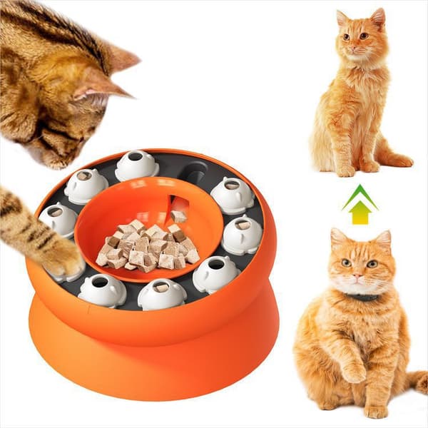 Kat langsom foderautomat, hævede katte- og hundeskåle med stativ, kattepuslespil foderautomat roterende langsom foderautomat, skridsikre foderskåle (orange)