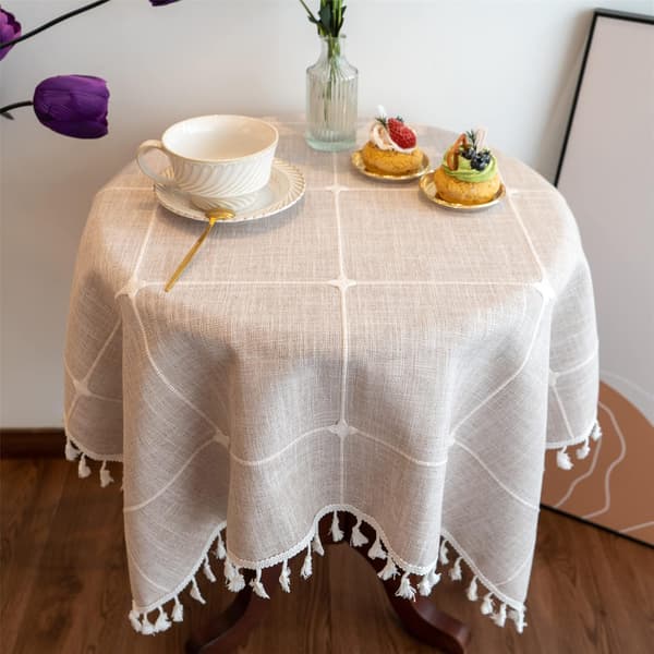 Fyrkantig rutig liten duk i bomullslinne, ljusbrun boho-broderad bordsduk, rustik bordsduk