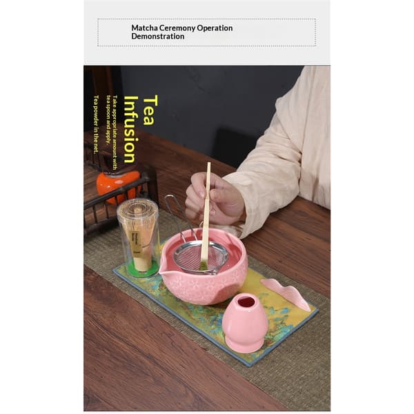 7 stk. Matcha Piskeris Sæt - Matcha Sæt inkluderer Matcha Piskeris og Skål med Tud, Si (Lyserøde Blomster)