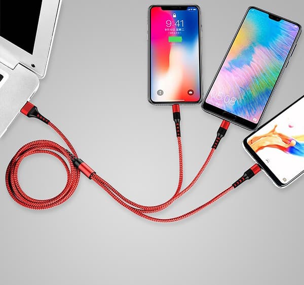 Multiladdningskabel, flätad universal 3-i-1 multiladdarkabeladapter med typ C USB-port för och mer (röd)