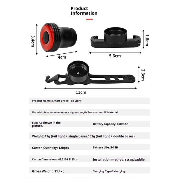 Smart sykkelbaklys, bremsesensor baklys for nattkjøring, ultralyse LED-baklys